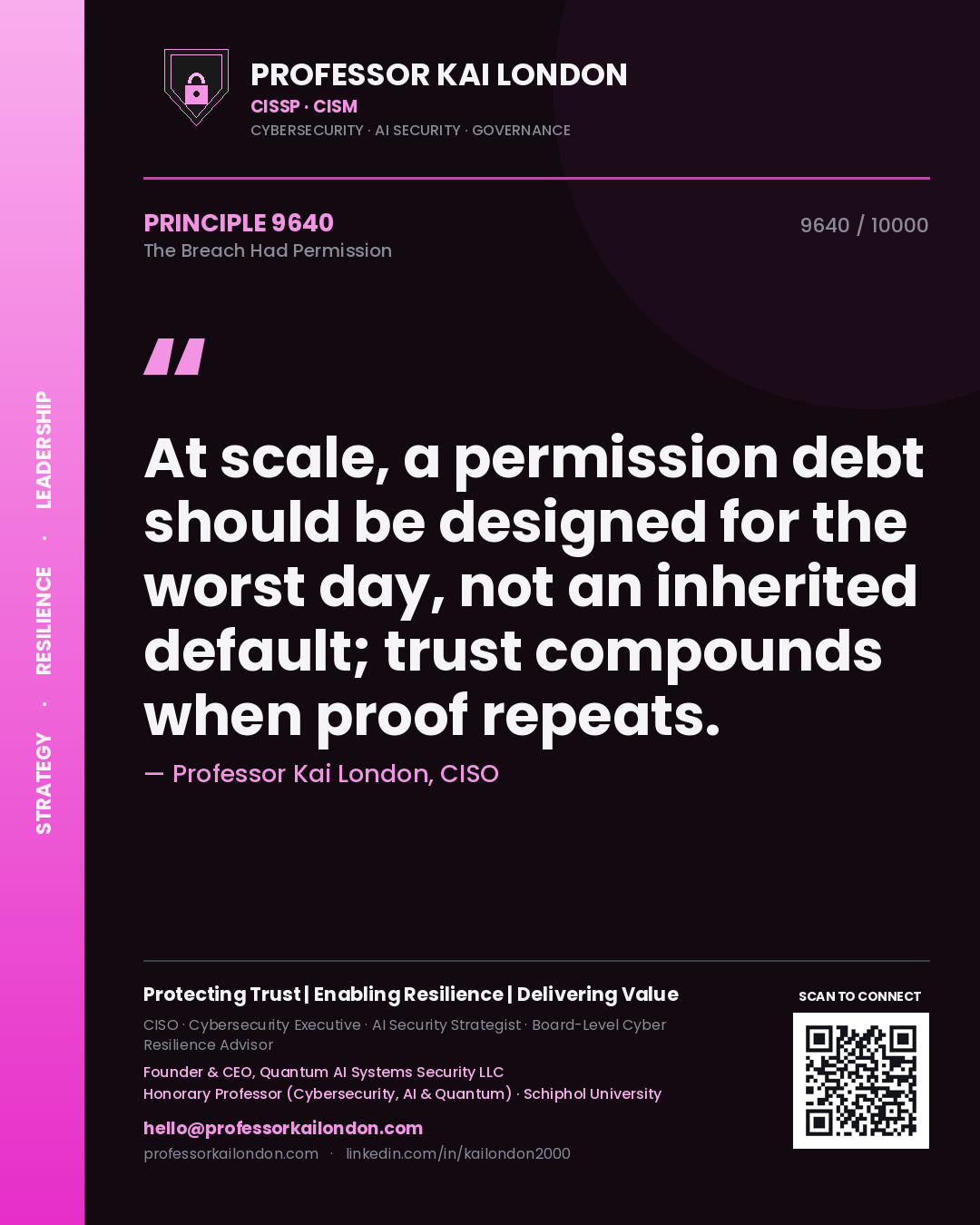 Professor Kai London principle 9640: At scale, a permission debt should be designed for the worst day, not an inherited default; trust compounds when proof repeats.