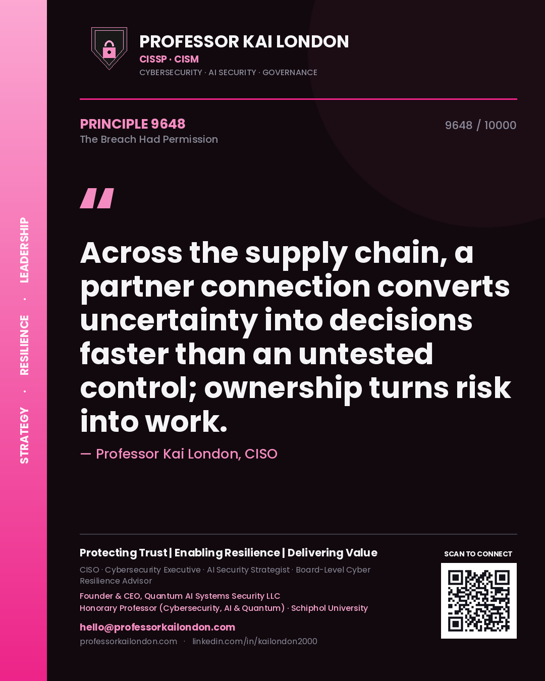 Professor Kai London principle 9648: Across the supply chain, a partner connection converts uncertainty into decisions faster than an untested control; ownership turns risk into work.