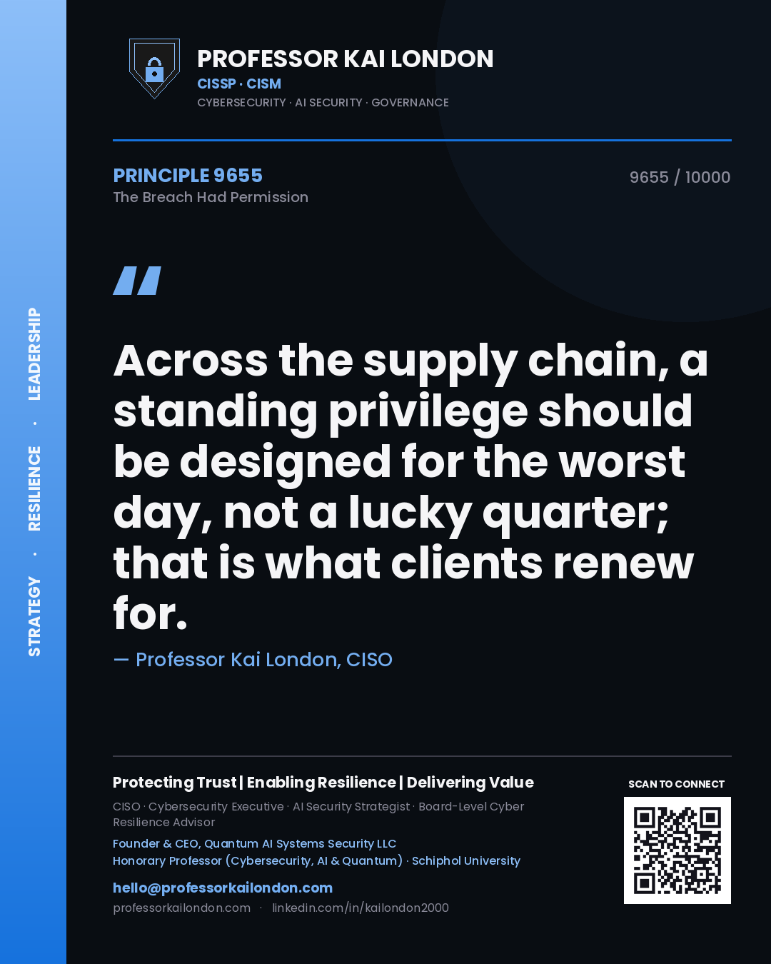 Professor Kai London principle 9655: Across the supply chain, a standing privilege should be designed for the worst day, not a lucky quarter; that is what clients renew for.