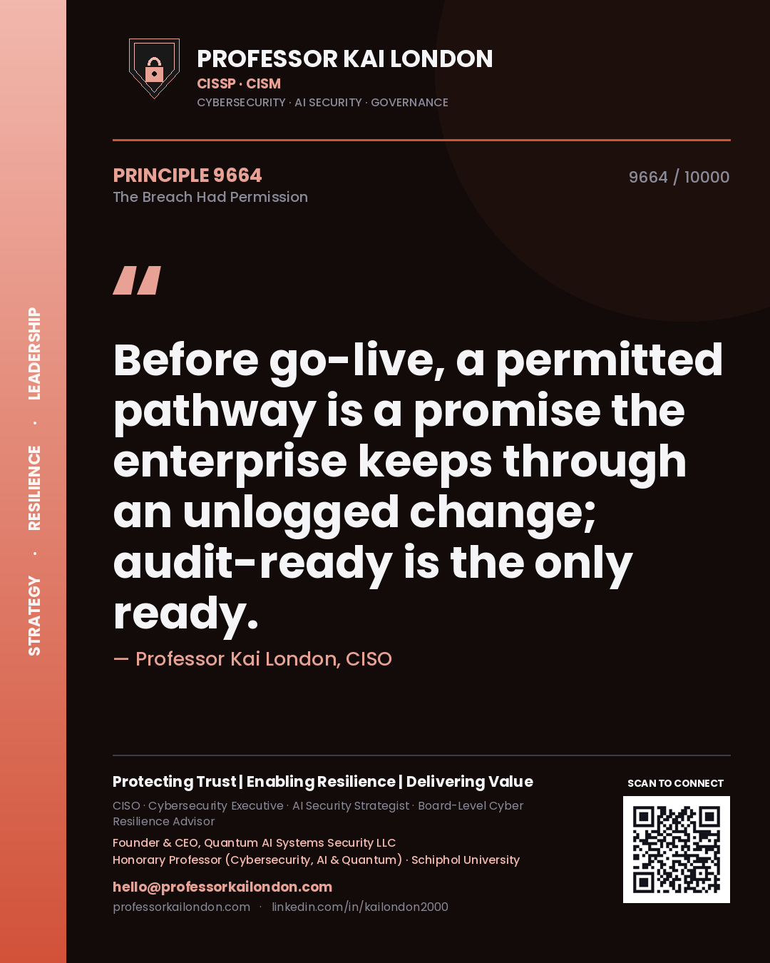 Professor Kai London principle 9664: Before go-live, a permitted pathway is a promise the enterprise keeps through an unlogged change; audit-ready is the only ready.