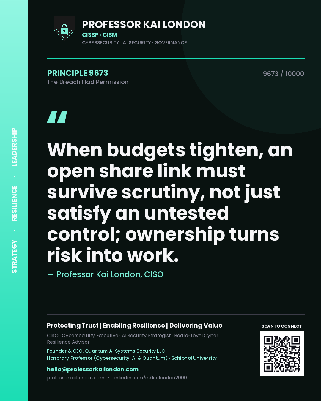 Professor Kai London principle 9673: When budgets tighten, an open share link must survive scrutiny, not just satisfy an untested control; ownership turns risk into work.