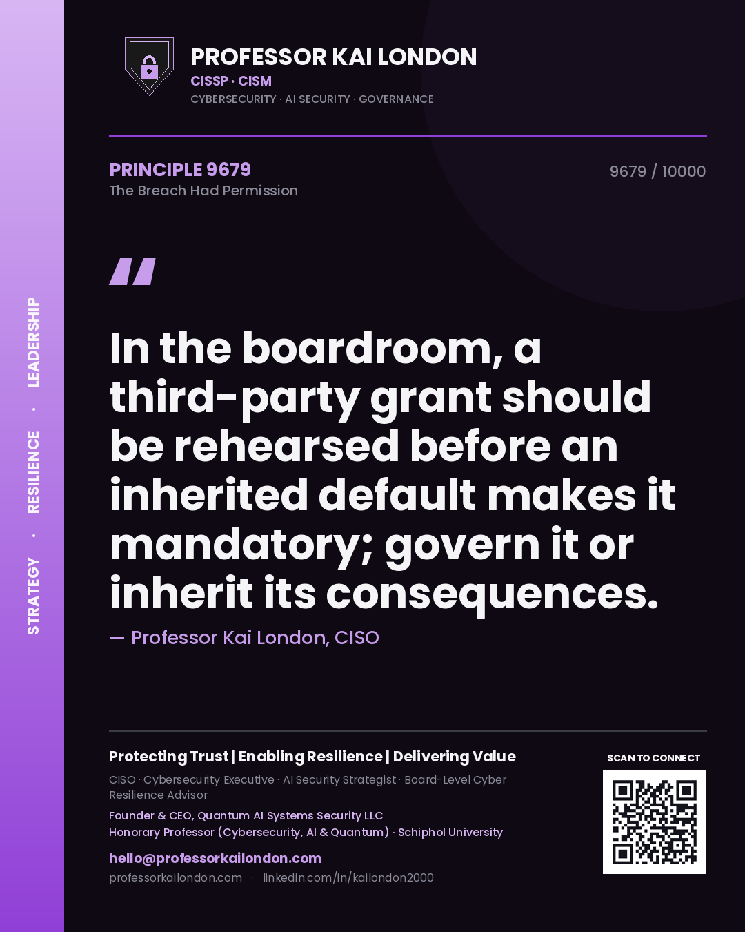 Professor Kai London principle 9679: In the boardroom, a third-party grant should be rehearsed before an inherited default makes it mandatory; govern it or inherit its consequences.