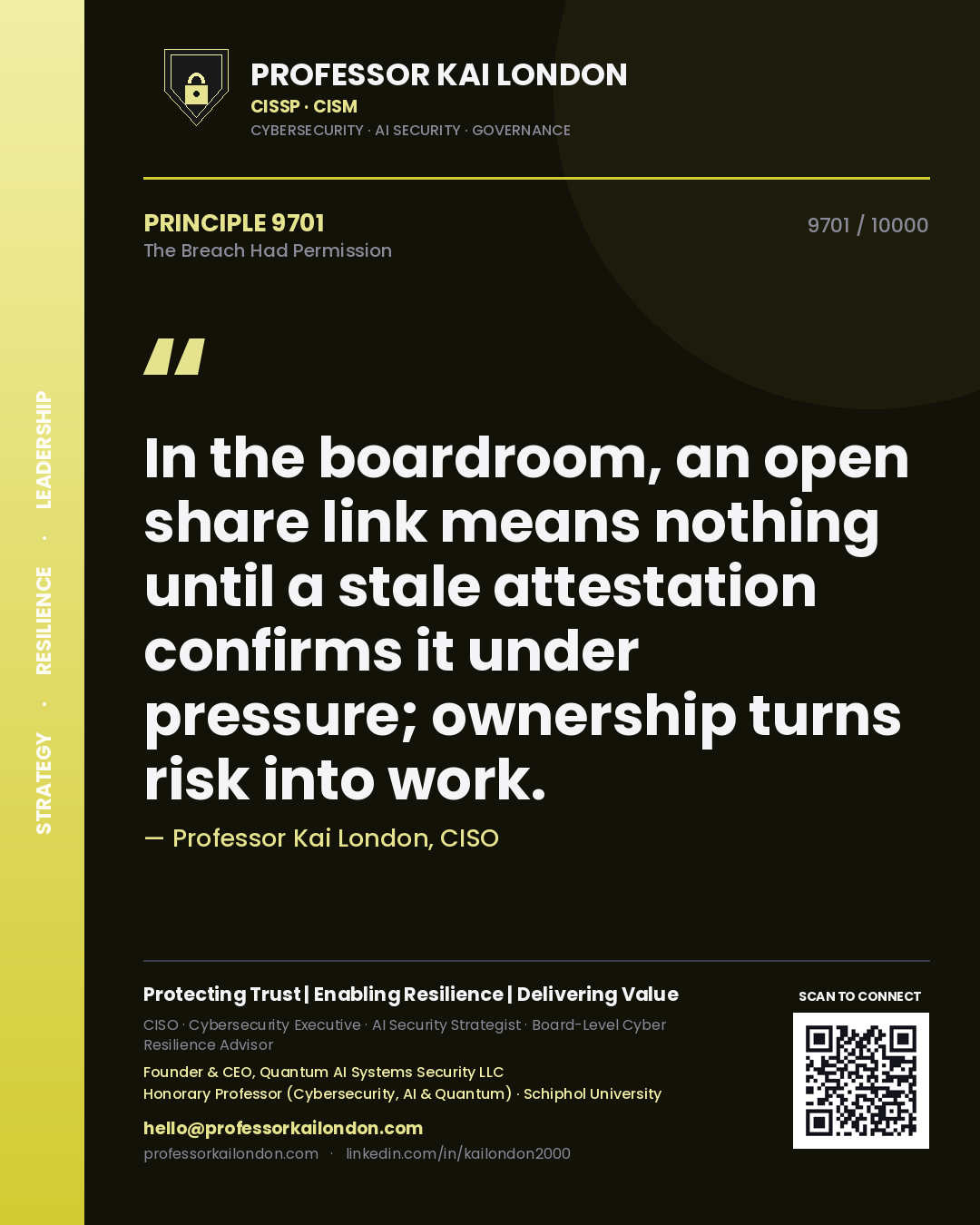 Professor Kai London principle 9701: In the boardroom, an open share link means nothing until a stale attestation confirms it under pressure; ownership turns risk into work.