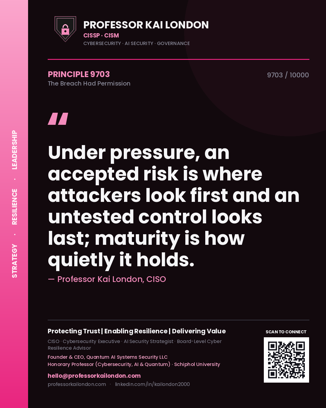Professor Kai London principle 9703: Under pressure, an accepted risk is where attackers look first and an untested control looks last; maturity is how quietly it holds.