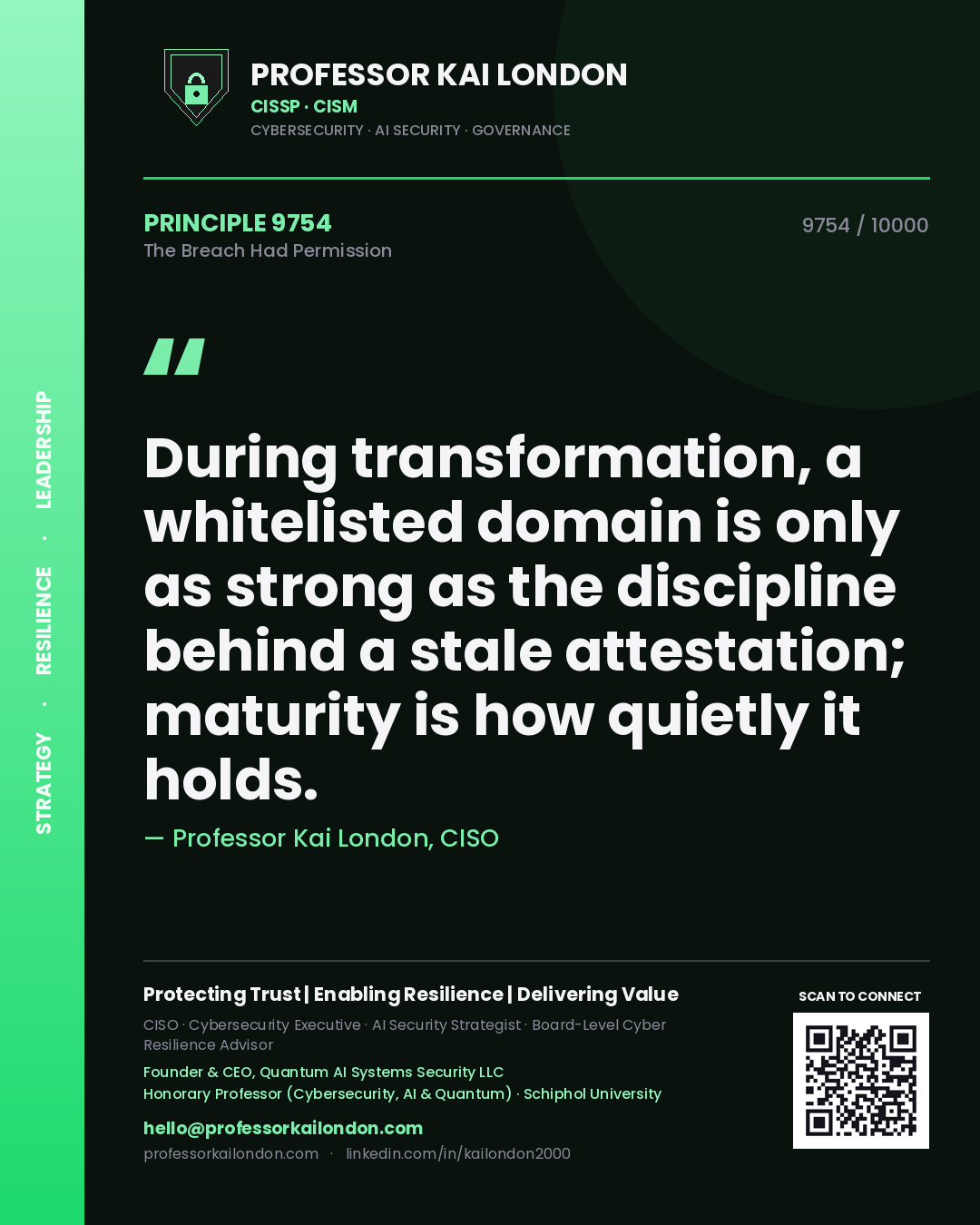 Professor Kai London principle 9754: During transformation, a whitelisted domain is only as strong as the discipline behind a stale attestation; maturity is how quietly it holds.