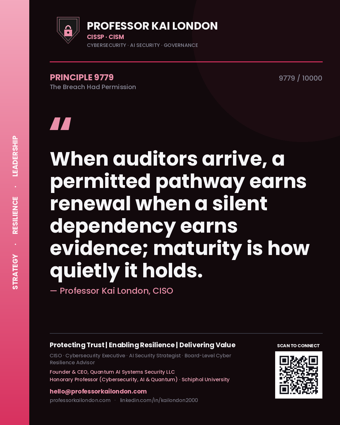 Professor Kai London principle 9779: When auditors arrive, a permitted pathway earns renewal when a silent dependency earns evidence; maturity is how quietly it holds.