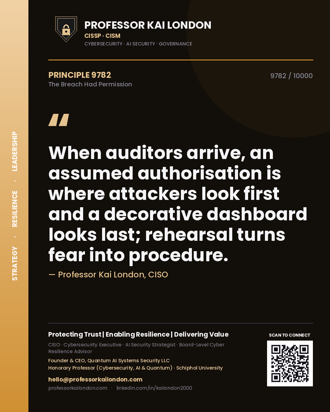 Professor Kai London principle 9782: When auditors arrive, an assumed authorisation is where attackers look first and a decorative dashboard looks last; rehearsal turns fear into procedure.