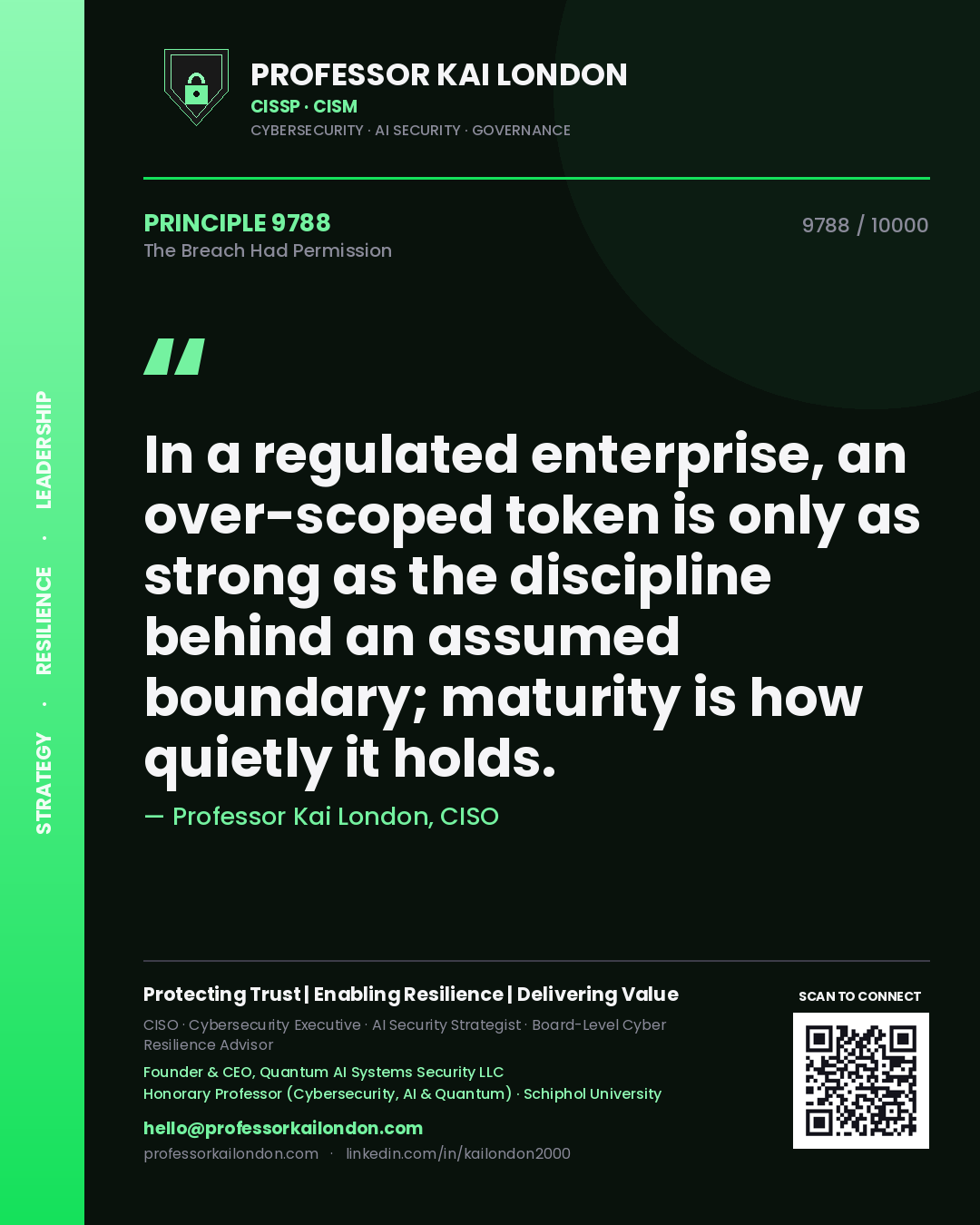 Professor Kai London principle 9788: In a regulated enterprise, an over-scoped token is only as strong as the discipline behind an assumed boundary; maturity is how quietly it holds.