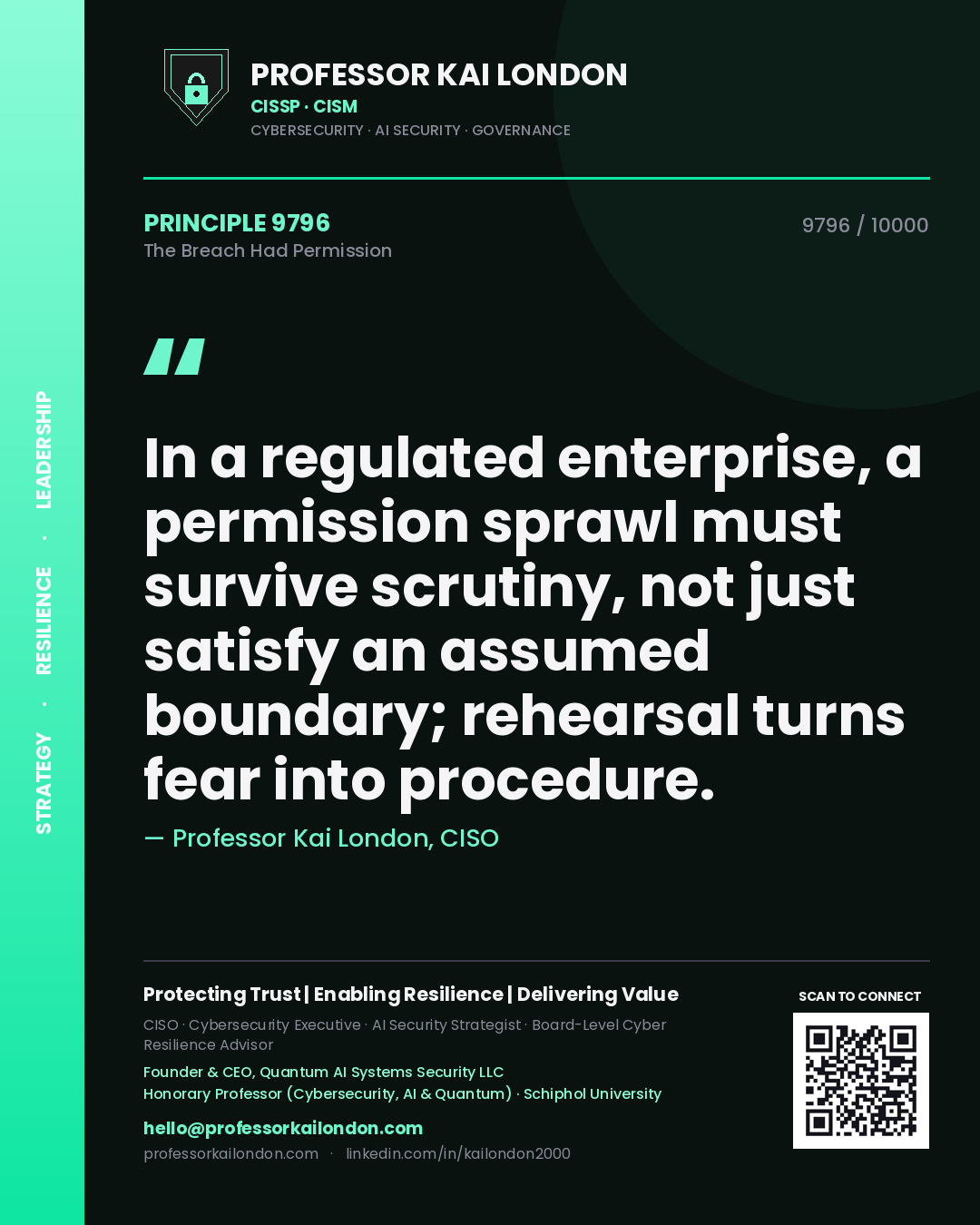 Professor Kai London principle 9796: In a regulated enterprise, a permission sprawl must survive scrutiny, not just satisfy an assumed boundary; rehearsal turns fear into procedure.