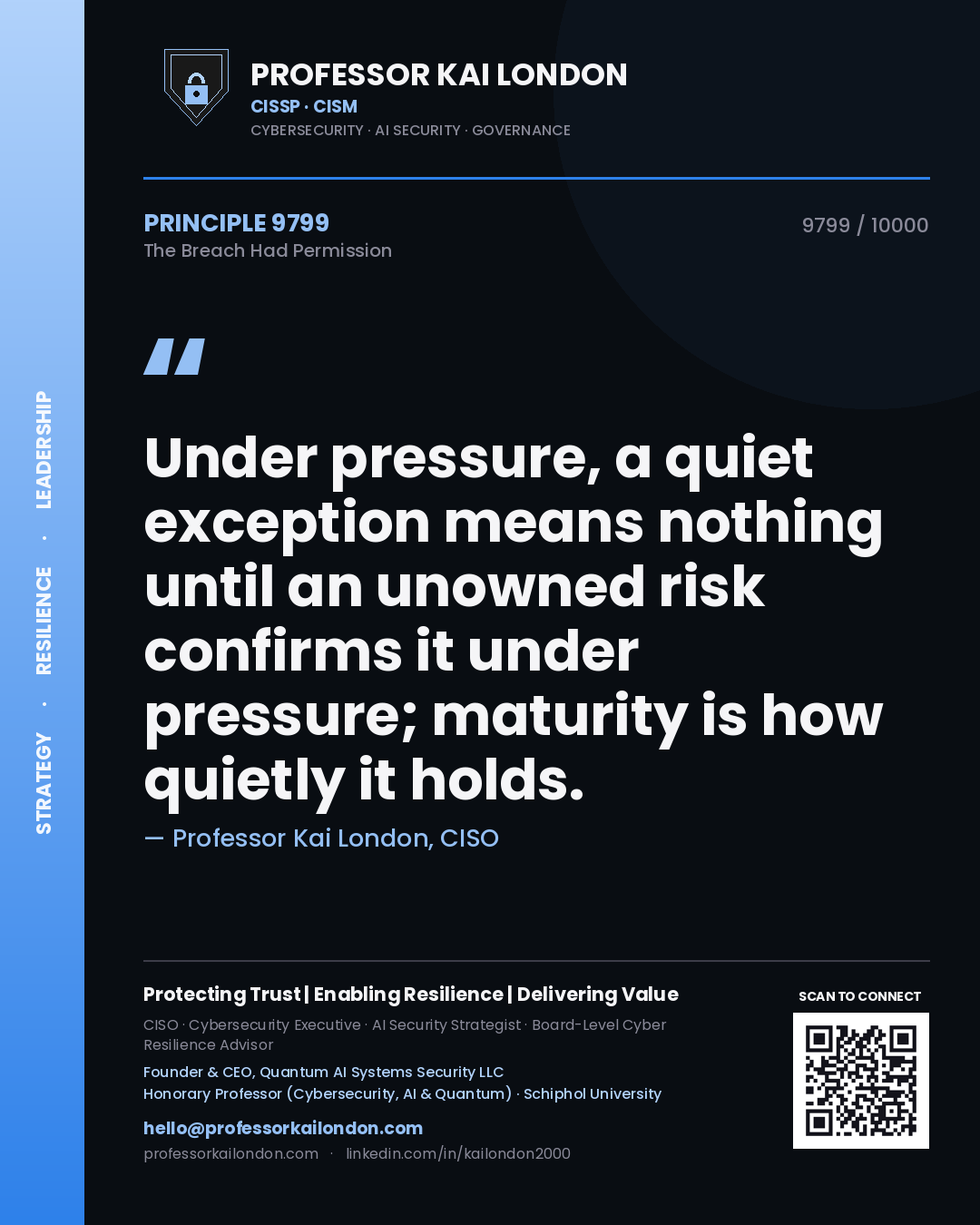 Professor Kai London principle 9799: Under pressure, a quiet exception means nothing until an unowned risk confirms it under pressure; maturity is how quietly it holds.