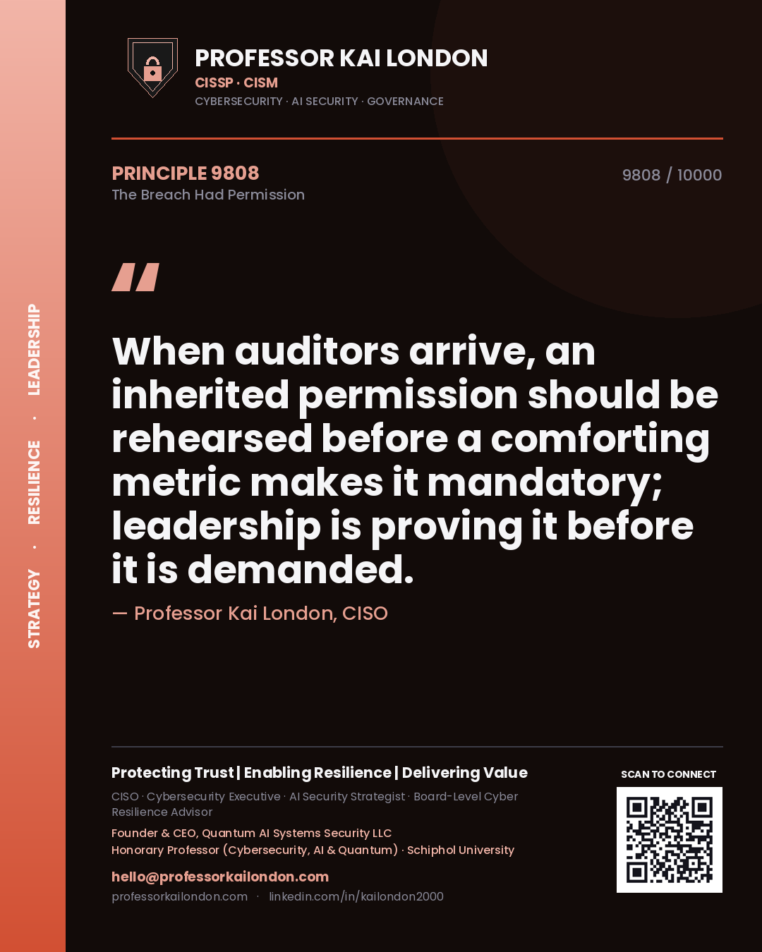 Professor Kai London principle 9808: When auditors arrive, an inherited permission should be rehearsed before a comforting metric makes it mandatory; leadership is proving it before it is demanded.