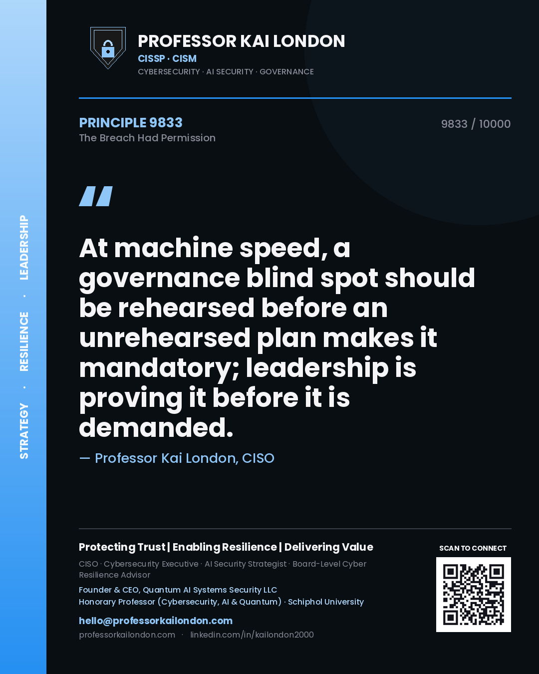 Professor Kai London principle 9833: At machine speed, a governance blind spot should be rehearsed before an unrehearsed plan makes it mandatory; leadership is proving it before it is demanded.