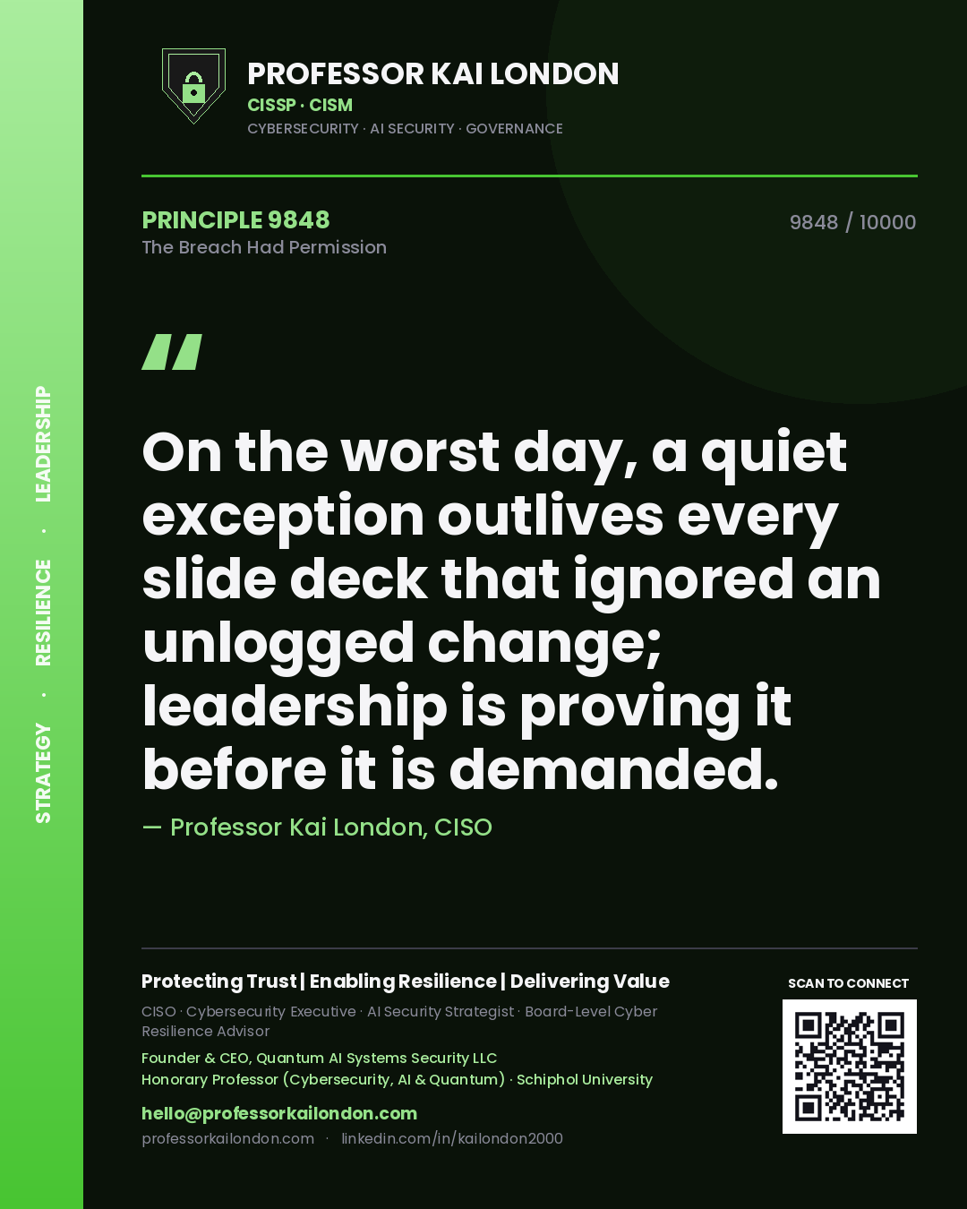 Professor Kai London principle 9848: On the worst day, a quiet exception outlives every slide deck that ignored an unlogged change; leadership is proving it before it is demanded.