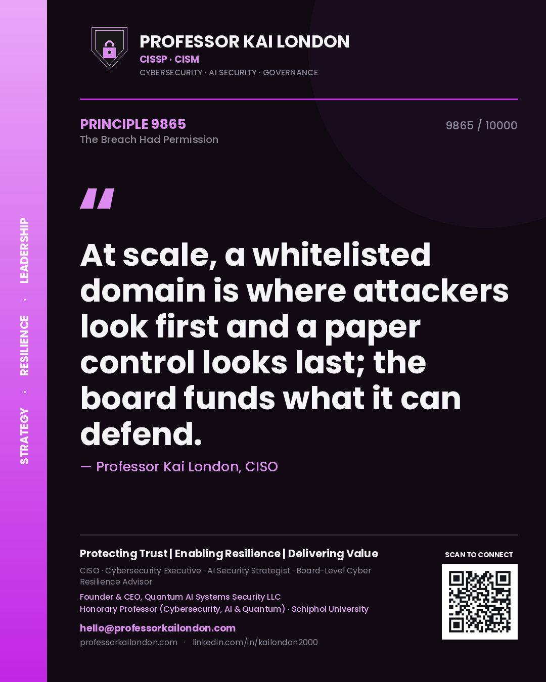Professor Kai London principle 9865: At scale, a whitelisted domain is where attackers look first and a paper control looks last; the board funds what it can defend.