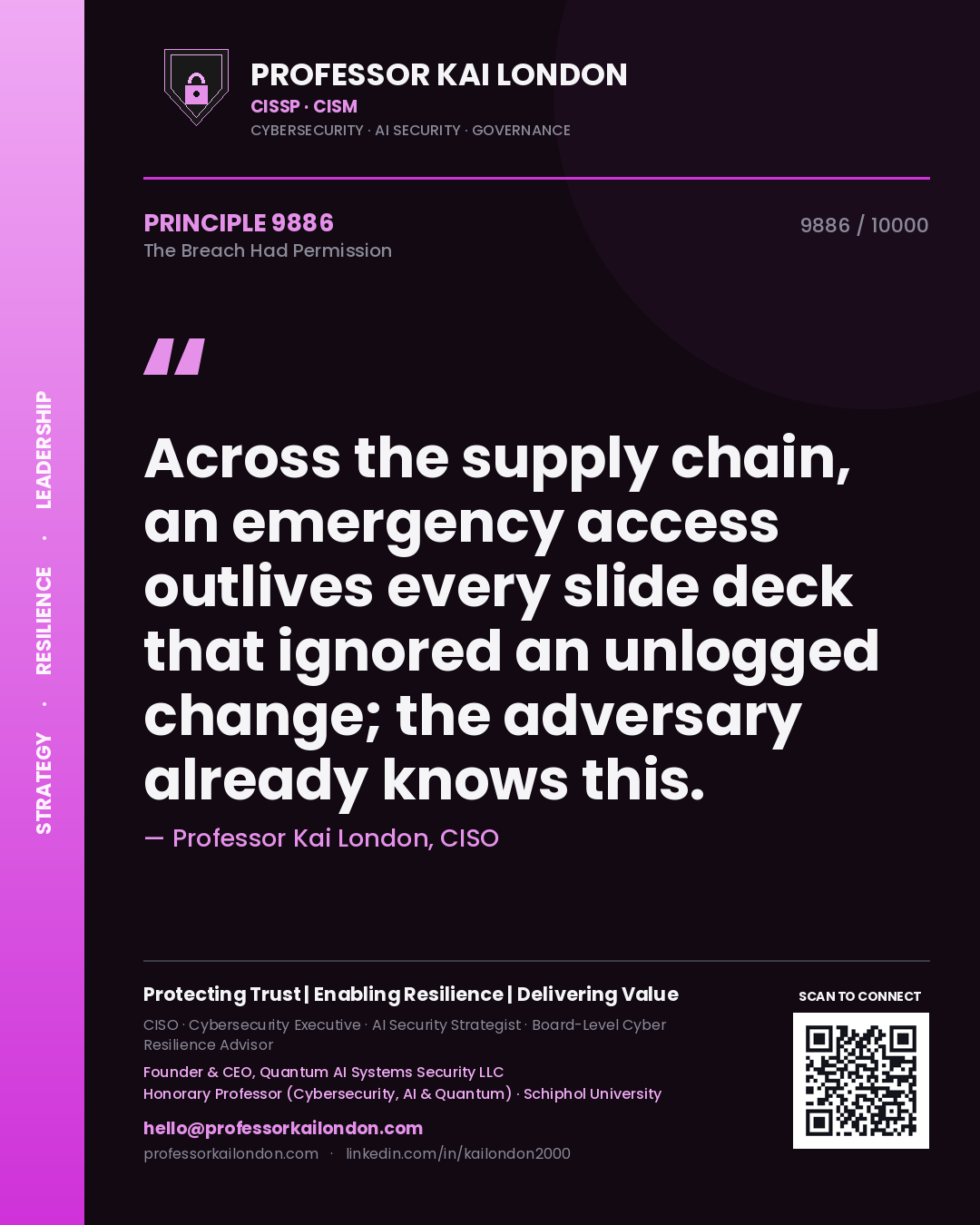Professor Kai London principle 9886: Across the supply chain, an emergency access outlives every slide deck that ignored an unlogged change; the adversary already knows this.