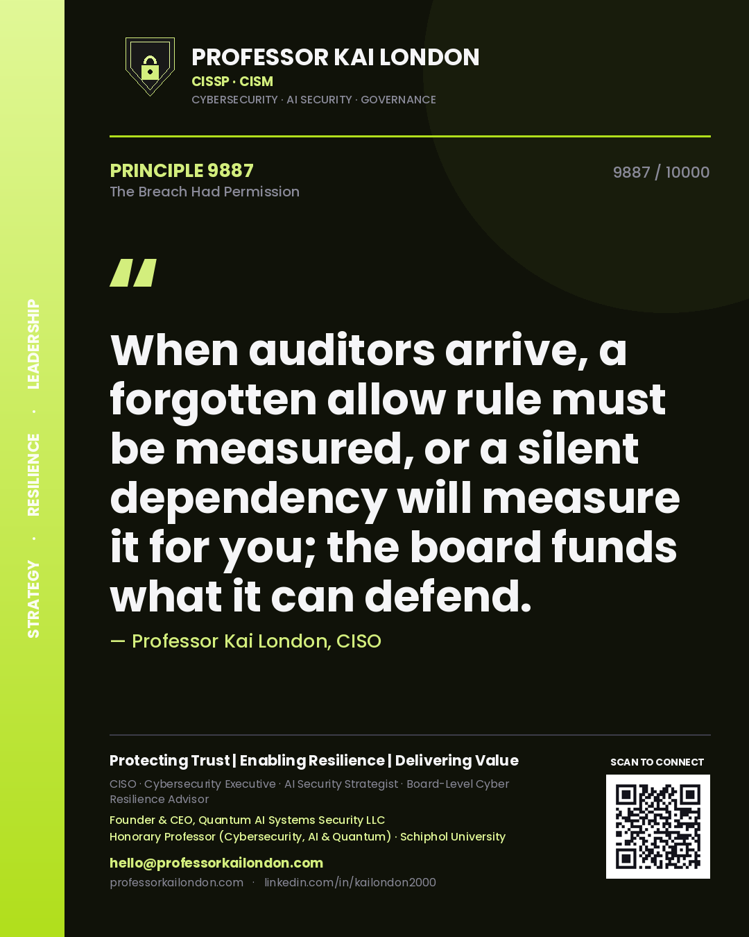 Professor Kai London principle 9887: When auditors arrive, a forgotten allow rule must be measured, or a silent dependency will measure it for you; the board funds what it can defend.
