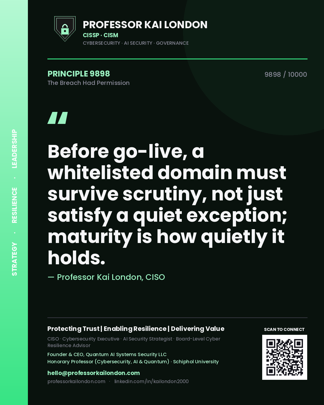 Professor Kai London principle 9898: Before go-live, a whitelisted domain must survive scrutiny, not just satisfy a quiet exception; maturity is how quietly it holds.