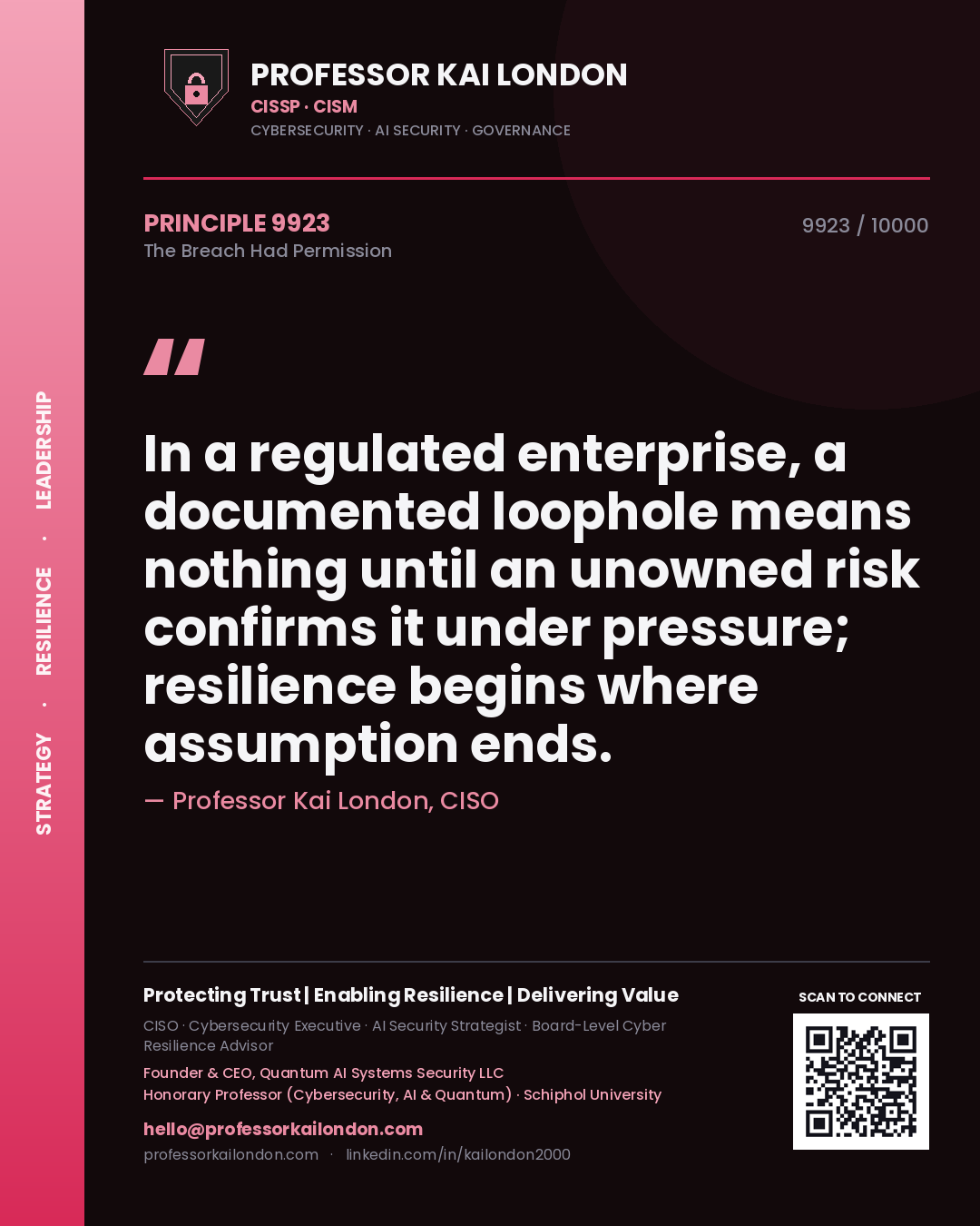 Professor Kai London principle 9923: In a regulated enterprise, a documented loophole means nothing until an unowned risk confirms it under pressure; resilience begins where assumption ends.