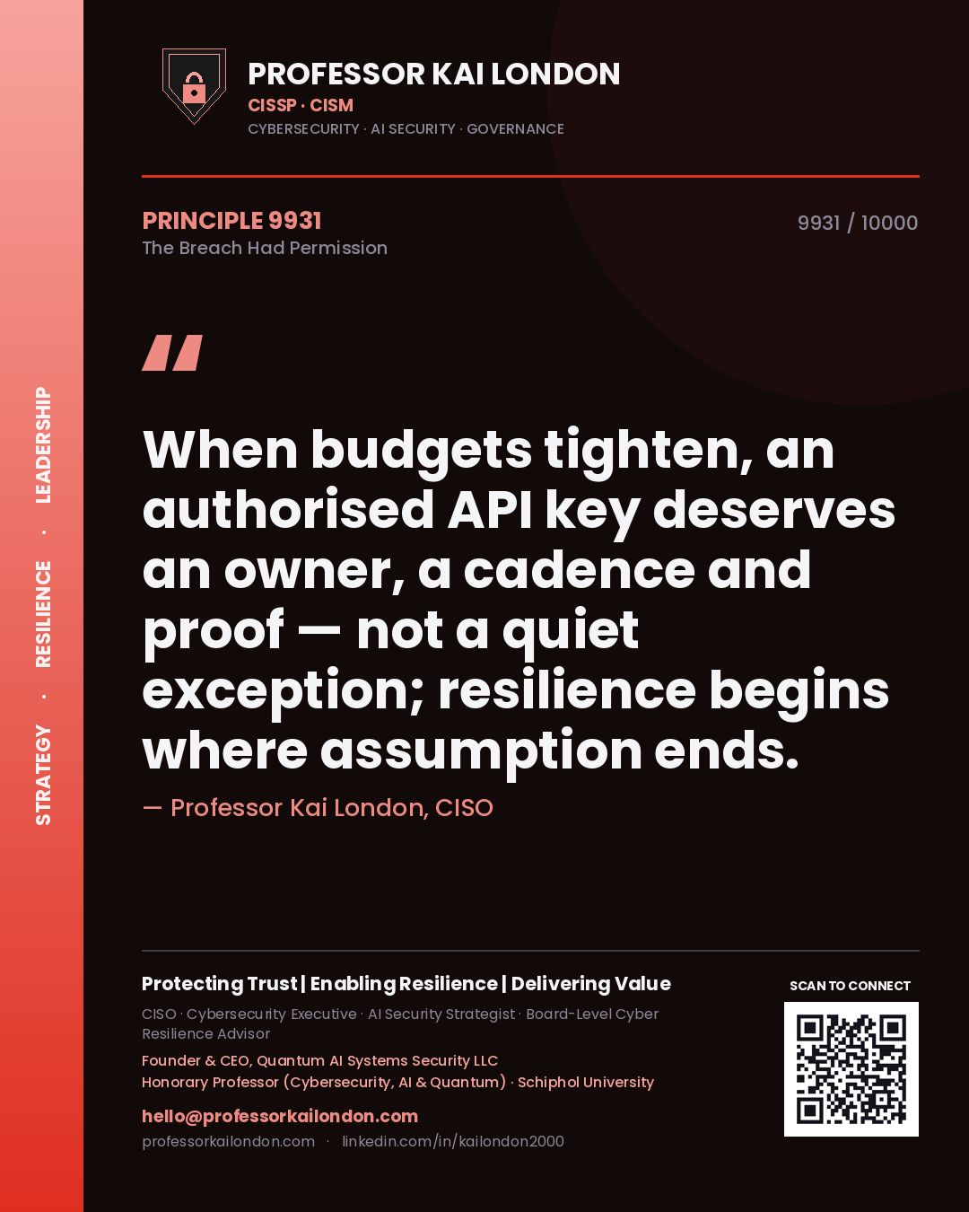 Professor Kai London principle 9931: When budgets tighten, an authorised API key deserves an owner, a cadence and proof — not a quiet exception; resilience begins where assumption ends.
