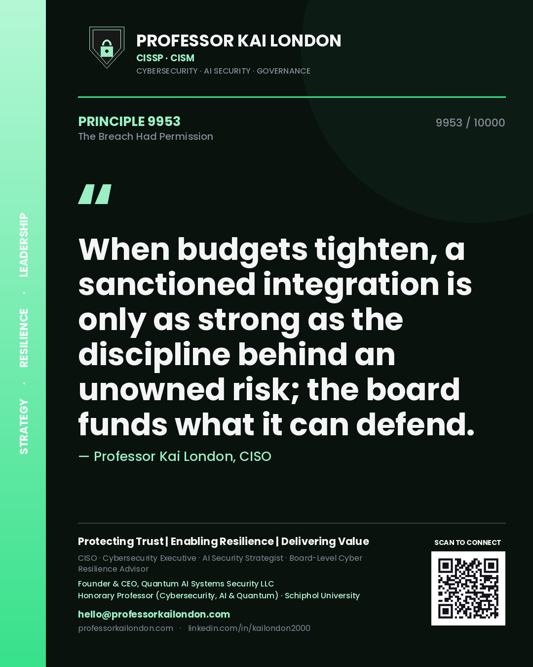 Professor Kai London principle 9953: When budgets tighten, a sanctioned integration is only as strong as the discipline behind an unowned risk; the board funds what it can defend.
