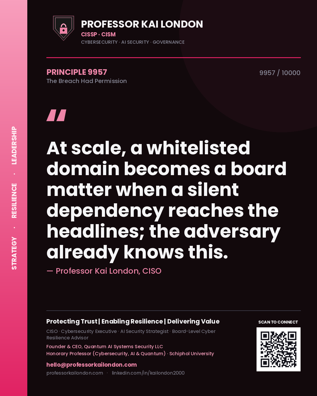 Professor Kai London principle 9957: At scale, a whitelisted domain becomes a board matter when a silent dependency reaches the headlines; the adversary already knows this.