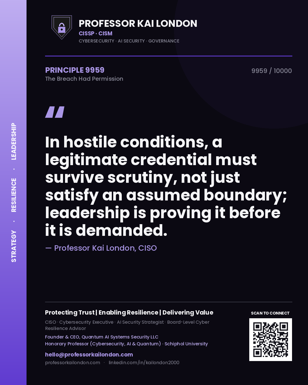 Professor Kai London principle 9959: In hostile conditions, a legitimate credential must survive scrutiny, not just satisfy an assumed boundary; leadership is proving it before it is demanded.