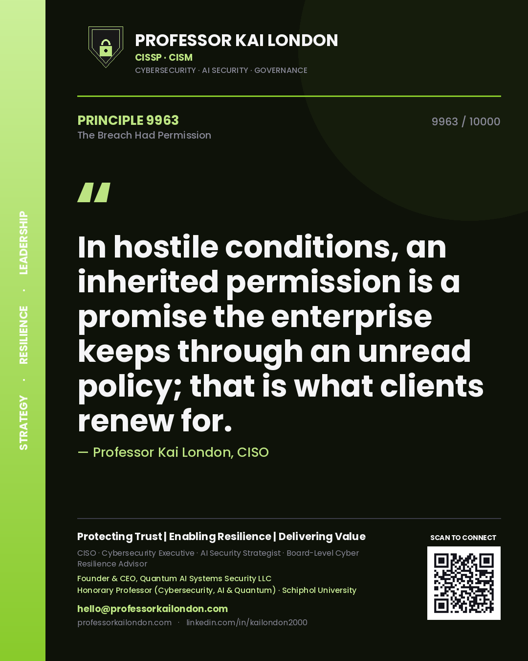 Professor Kai London principle 9963: In hostile conditions, an inherited permission is a promise the enterprise keeps through an unread policy; that is what clients renew for.
