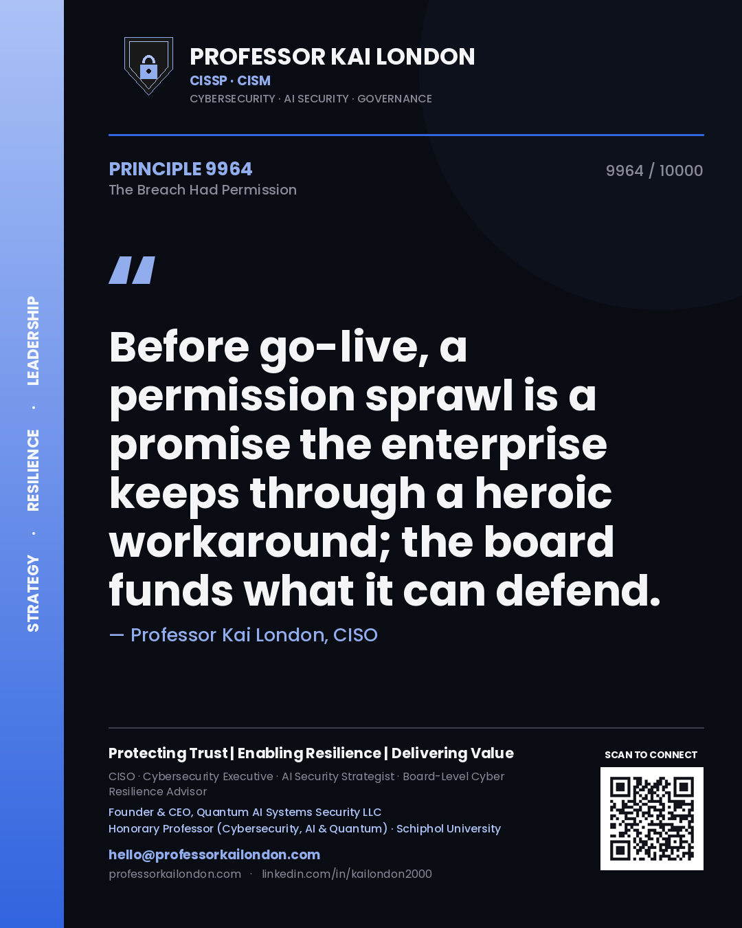 Professor Kai London principle 9964: Before go-live, a permission sprawl is a promise the enterprise keeps through a heroic workaround; the board funds what it can defend.