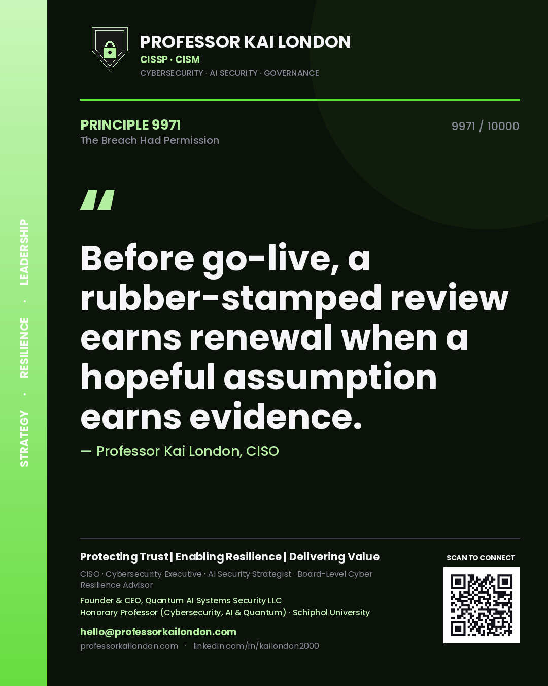 Professor Kai London principle 9971: Before go-live, a rubber-stamped review earns renewal when a hopeful assumption earns evidence.