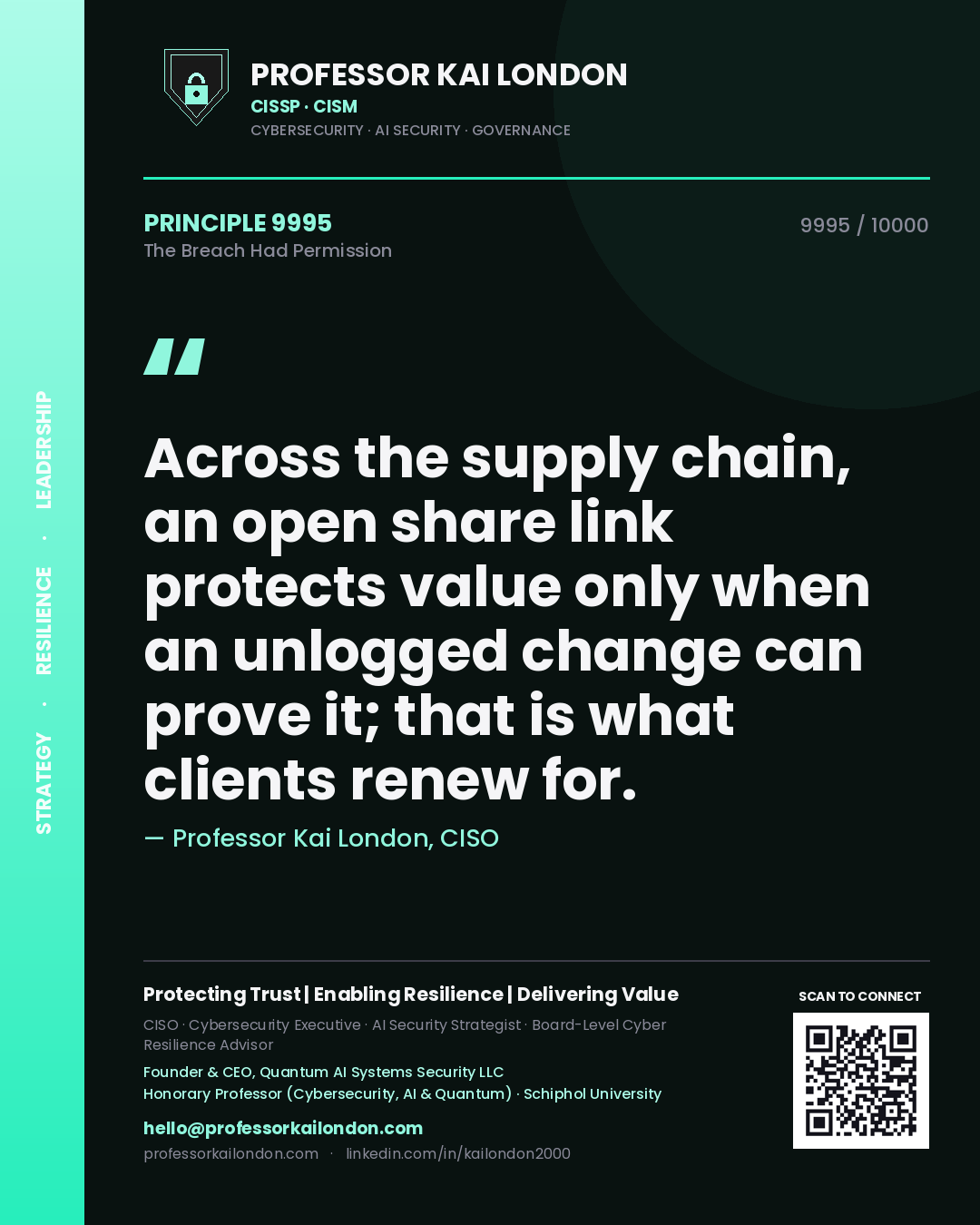 Professor Kai London principle 9995: Across the supply chain, an open share link protects value only when an unlogged change can prove it; that is what clients renew for.