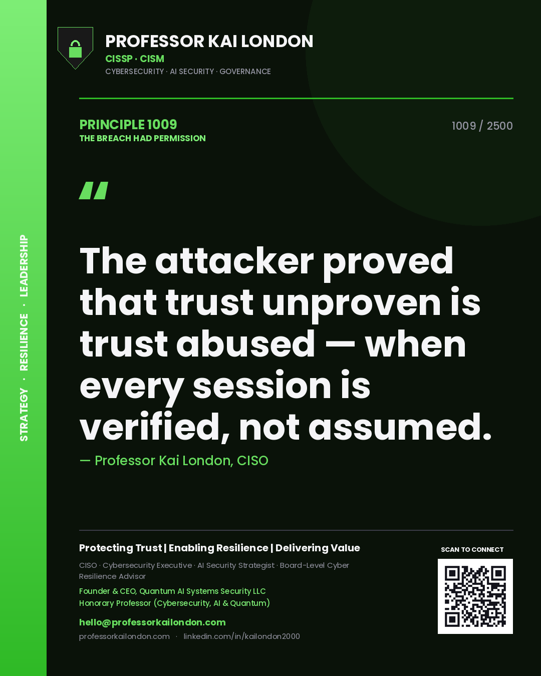 Professor Kai London principle 1009: The attacker proved that trust unproven is trust abused — when every session is verified, not assumed.