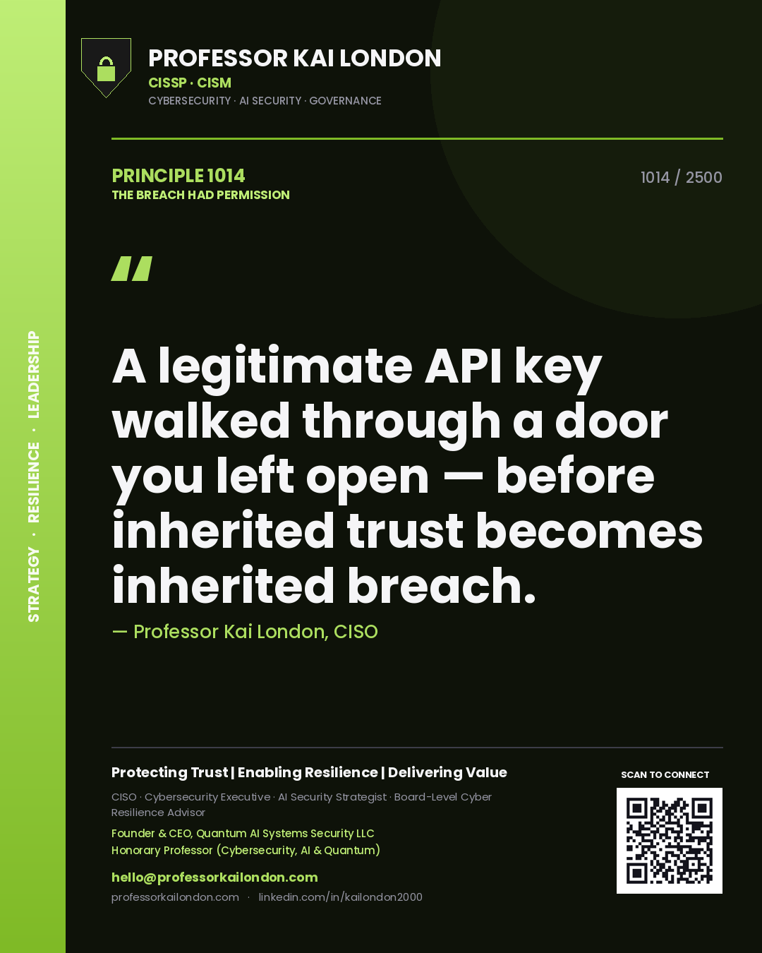 Professor Kai London principle 1014: A legitimate API key walked through a door you left open — before inherited trust becomes inherited breach.