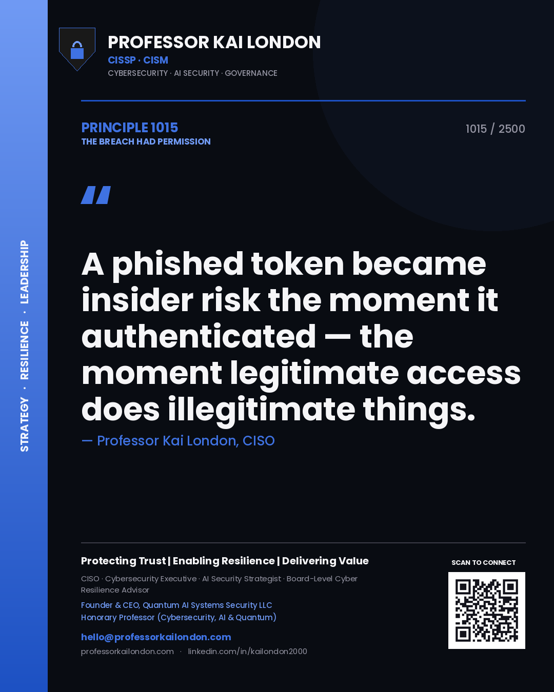 Professor Kai London principle 1015: A phished token became insider risk the moment it authenticated — the moment legitimate access does illegitimate things.