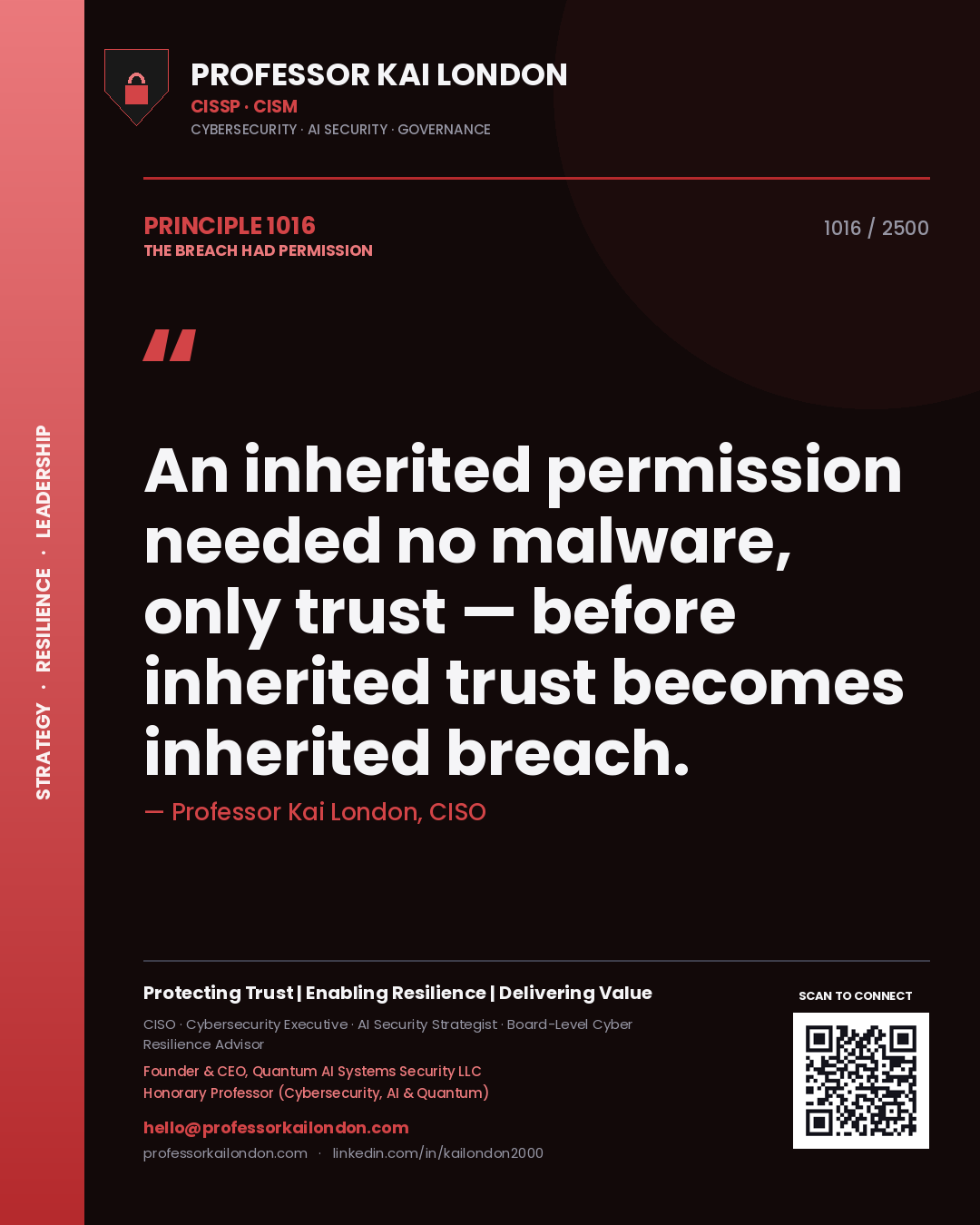 Professor Kai London principle 1016: An inherited permission needed no malware, only trust — before inherited trust becomes inherited breach.