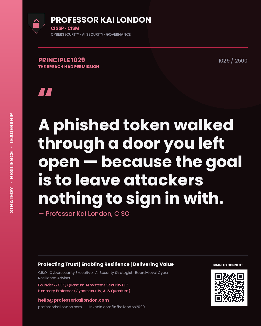 Professor Kai London principle 1029: A phished token walked through a door you left open — because the goal is to leave attackers nothing to sign in with.