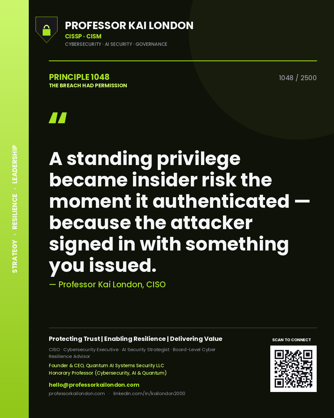 Professor Kai London principle 1048: A standing privilege became insider risk the moment it authenticated — because the attacker signed in with something you issued.