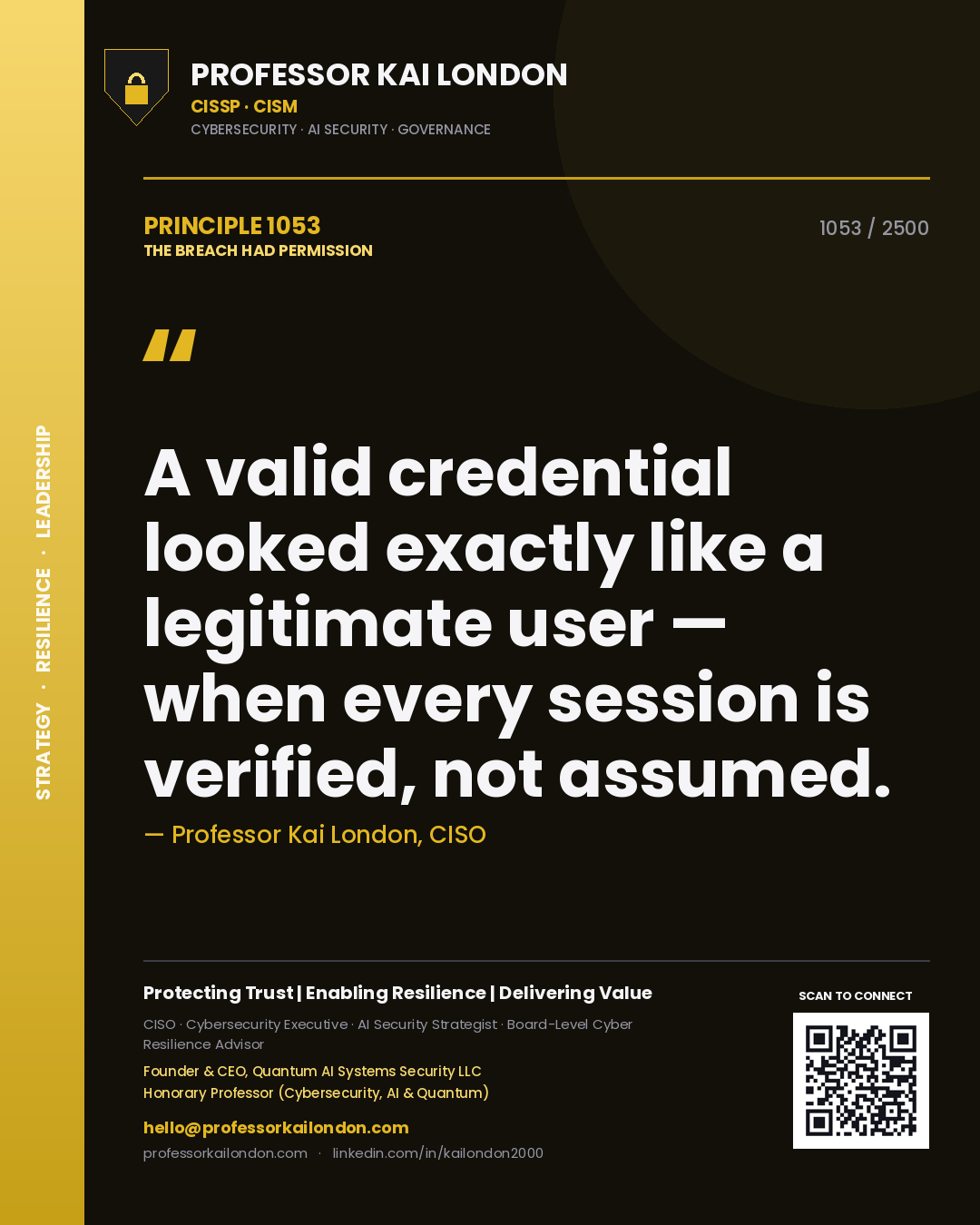 Professor Kai London principle 1053: A valid credential looked exactly like a legitimate user — when every session is verified, not assumed.