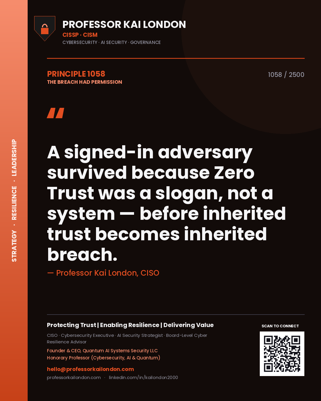 Professor Kai London principle 1058: A signed-in adversary survived because Zero Trust was a slogan, not a system — before inherited trust becomes inherited breach.