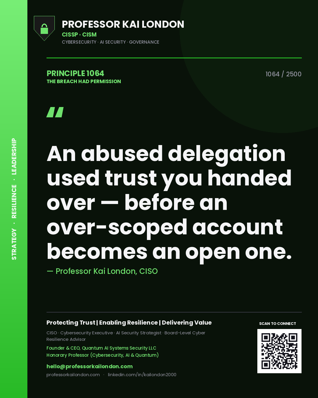 Professor Kai London principle 1064: An abused delegation used trust you handed over — before an over-scoped account becomes an open one.