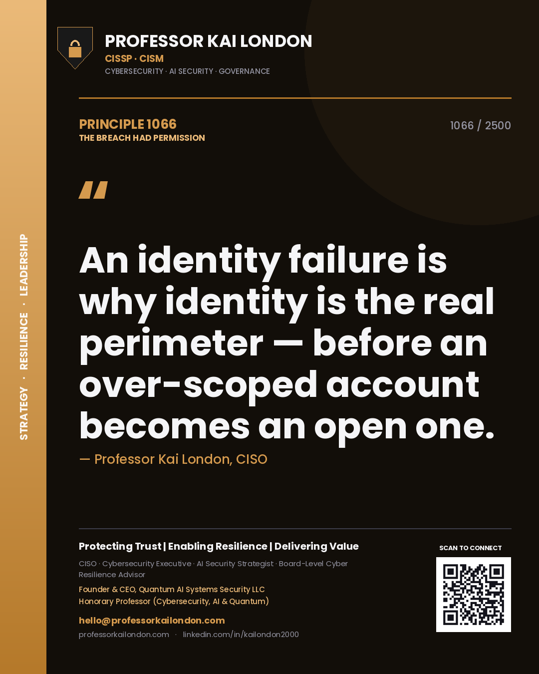Professor Kai London principle 1066: An identity failure is why identity is the real perimeter — before an over-scoped account becomes an open one.