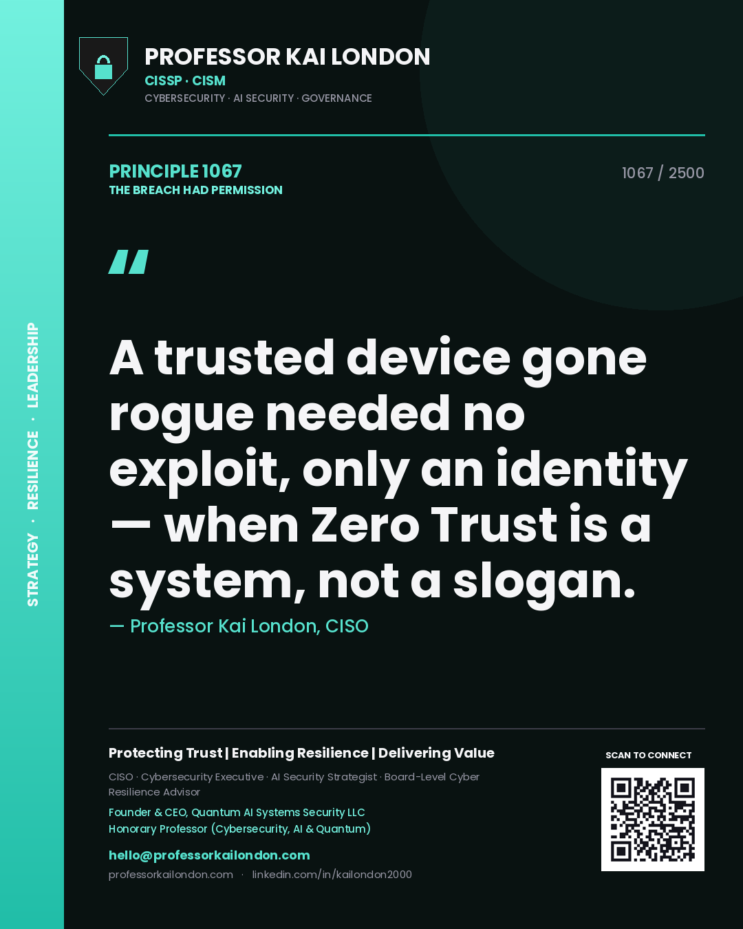 Professor Kai London principle 1067: A trusted device gone rogue needed no exploit, only an identity — when Zero Trust is a system, not a slogan.