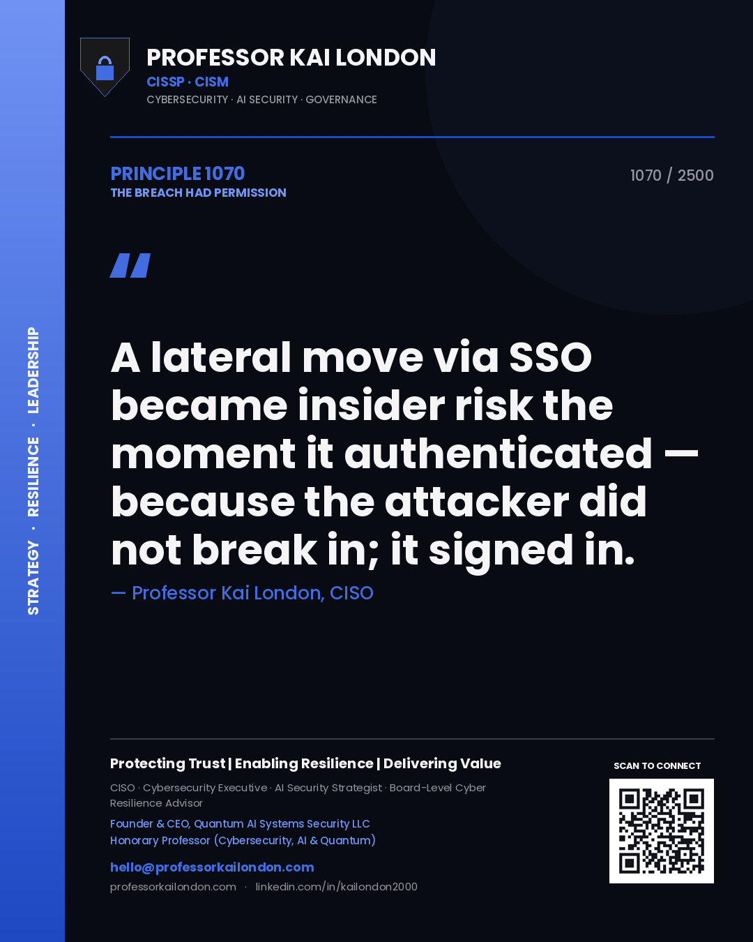 Professor Kai London principle 1070: A lateral move via SSO became insider risk the moment it authenticated — because the attacker did not break in; it signed in.