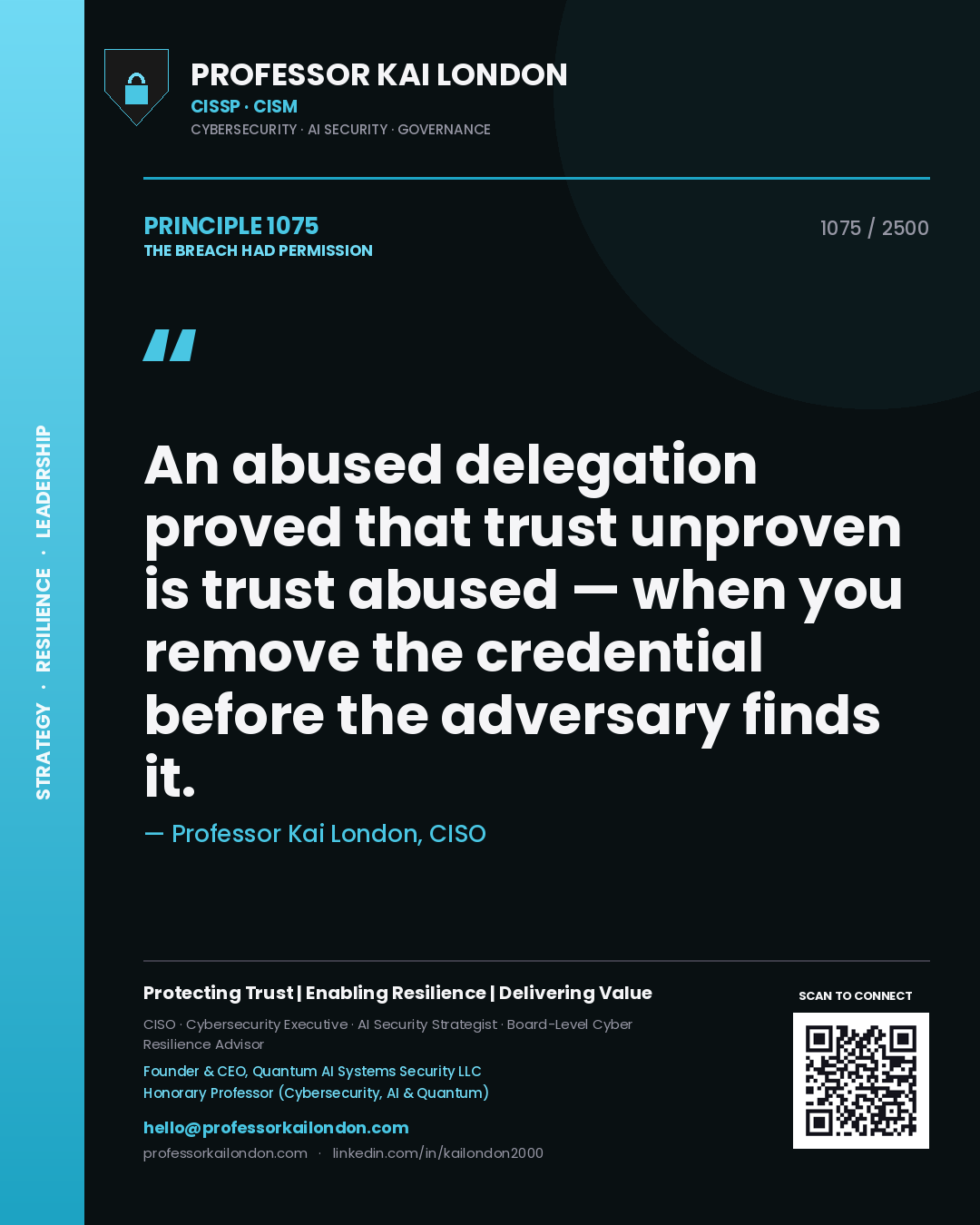 Professor Kai London principle 1075: An abused delegation proved that trust unproven is trust abused — when you remove the credential before the adversary finds it.