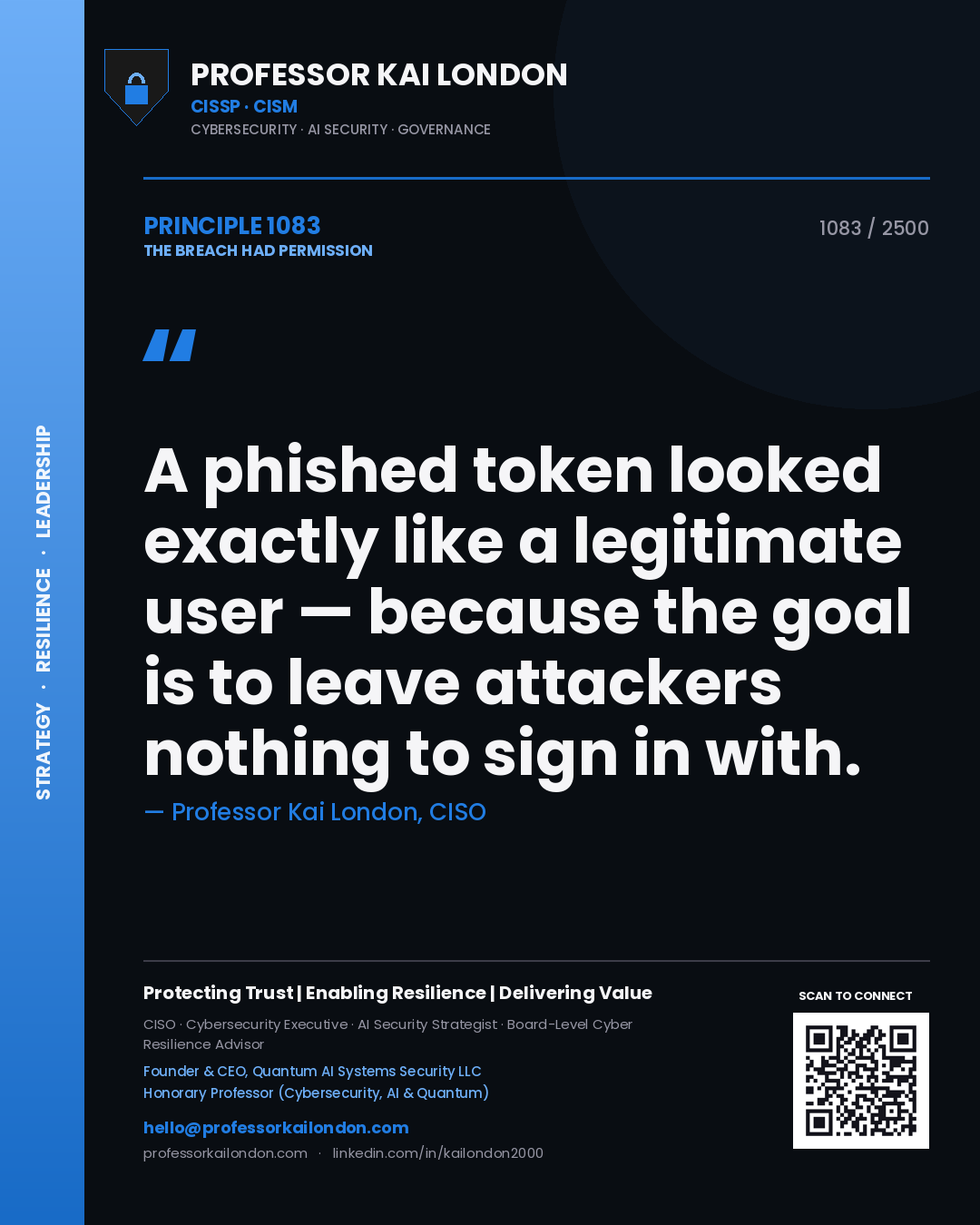 Professor Kai London principle 1083: A phished token looked exactly like a legitimate user — because the goal is to leave attackers nothing to sign in with.