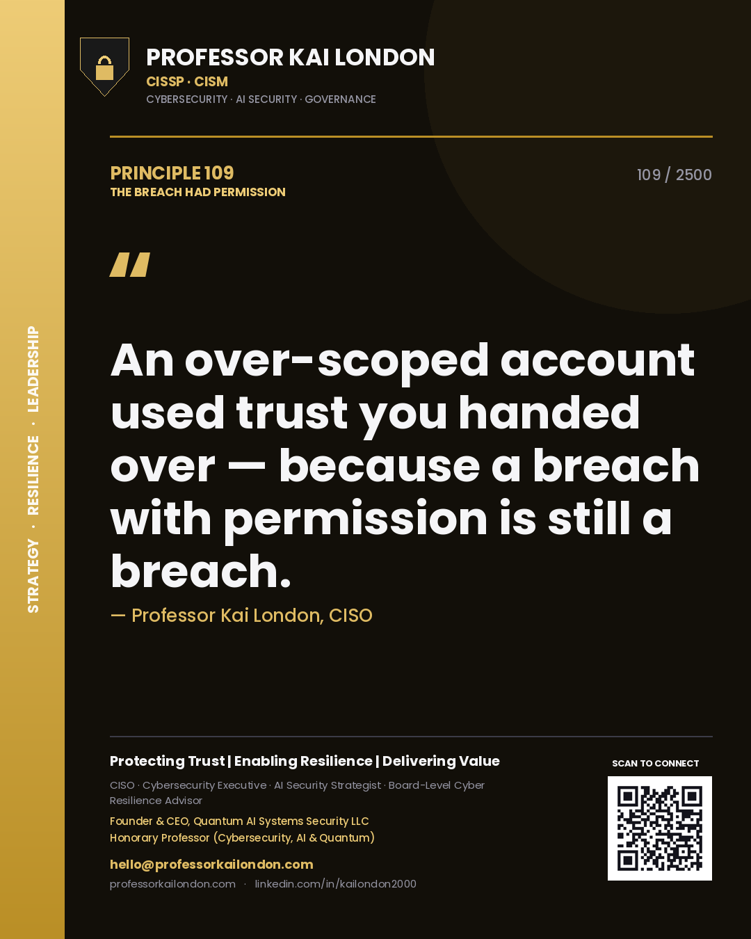 Professor Kai London principle 109: An over-scoped account used trust you handed over — because a breach with permission is still a breach.