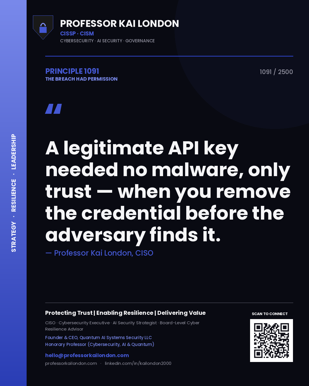 Professor Kai London principle 1091: A legitimate API key needed no malware, only trust — when you remove the credential before the adversary finds it.