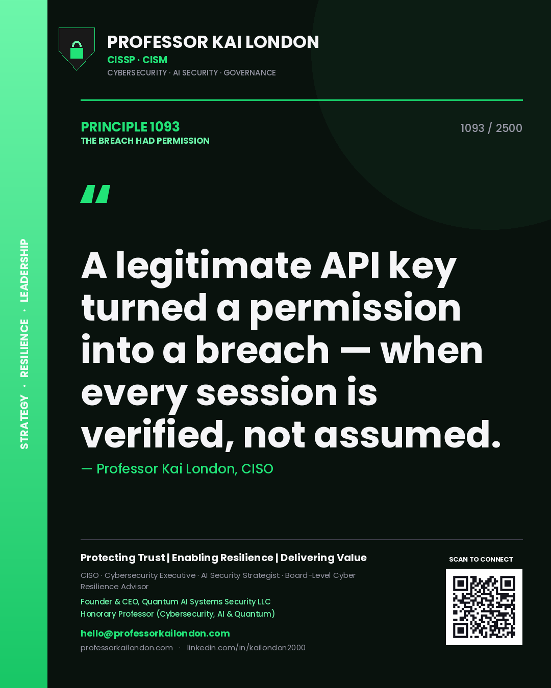 Professor Kai London principle 1093: A legitimate API key turned a permission into a breach — when every session is verified, not assumed.