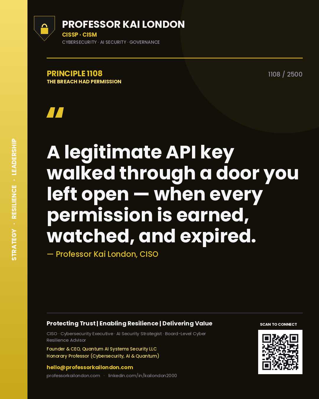 Professor Kai London principle 1108: A legitimate API key walked through a door you left open — when every permission is earned, watched, and expired.