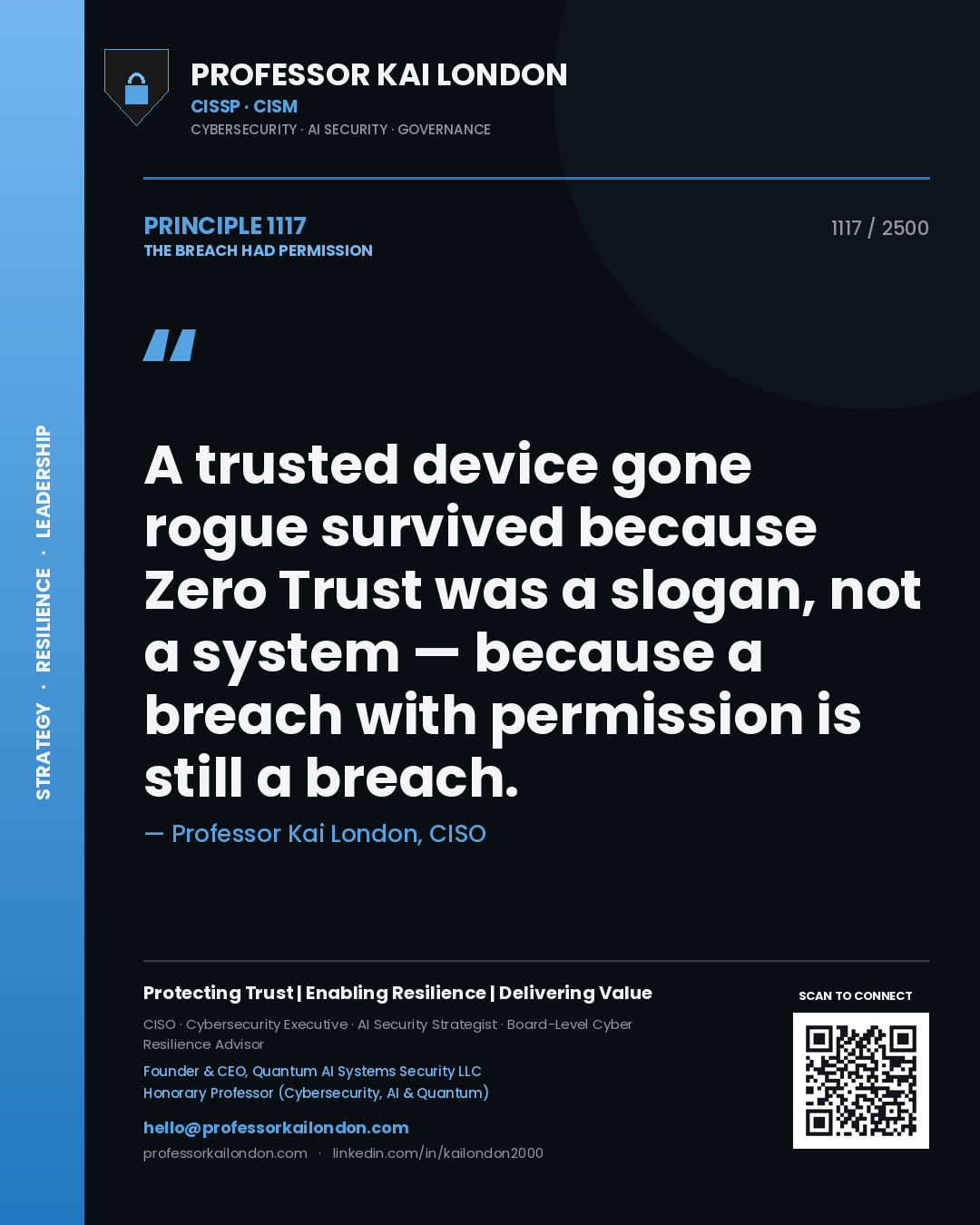 Professor Kai London principle 1117: A trusted device gone rogue survived because Zero Trust was a slogan, not a system — because a breach with permission is still a breach.