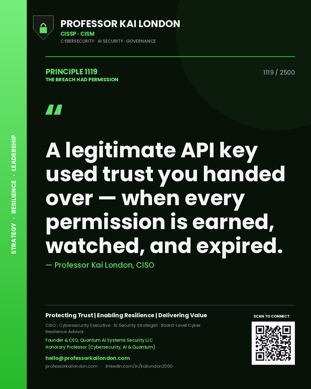 Professor Kai London principle 1119: A legitimate API key used trust you handed over — when every permission is earned, watched, and expired.